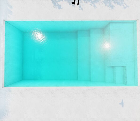 Minimalist indoor swimming pool with soft lighting.